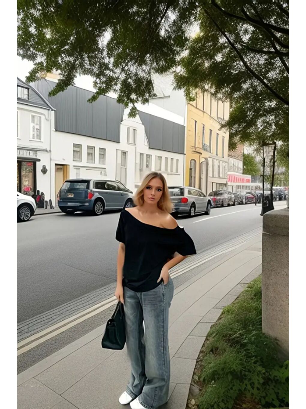 Siyah Kadın Düşük Omuz Kayık Yaka Oversize T-Shirt-2