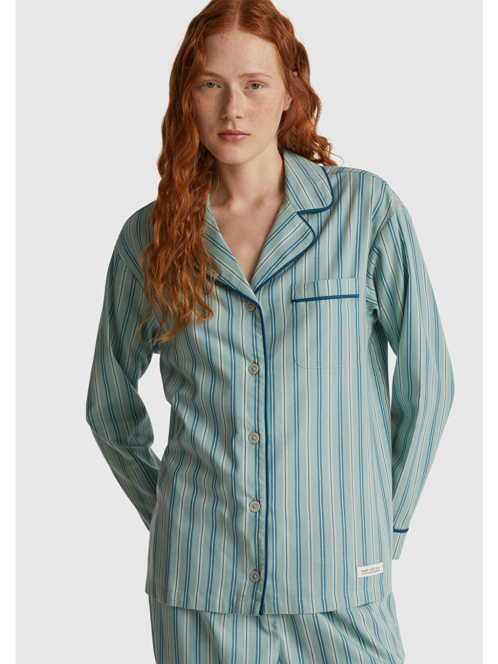 Kadın Turkuaz %100 Pamuk Kare Desenli Logolu Gömlek Yaka Pijama Üstü