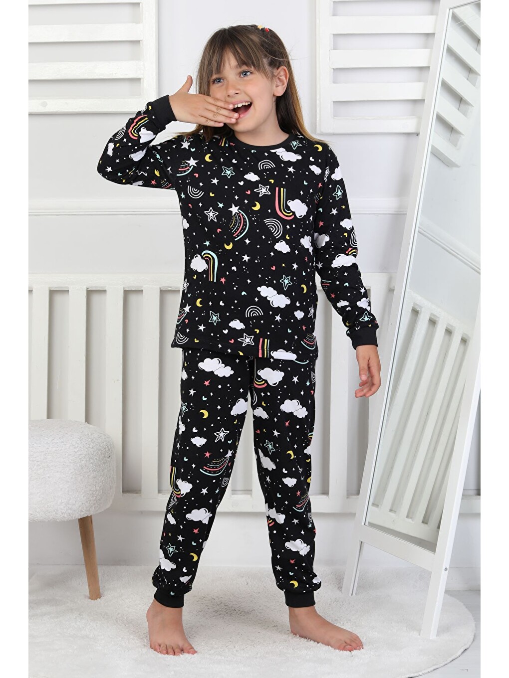Siyah Cute Dreams Pattern Uzun Kollu Kız Çocuk Pijama Takımı