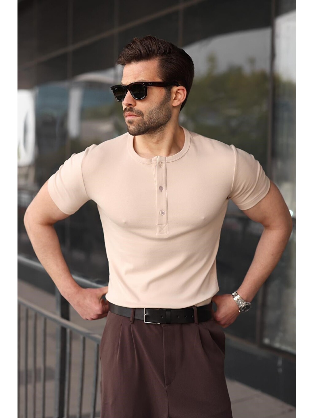 Bej Yarım Düğmeli Slim Fit Erkek Tişört E7186-5