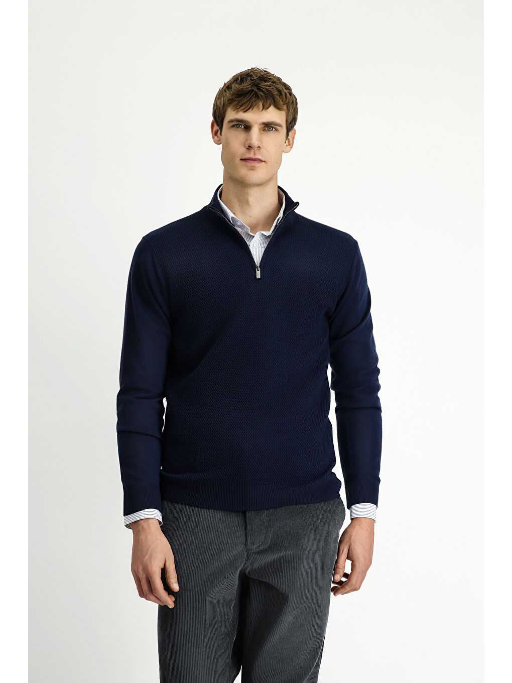 Lacivert Yarım Balıkçı Yaka Regular Fit Desenli Fermuarlı Yünlü Triko Kazak-3