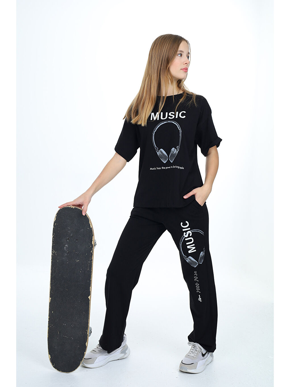 Siyah Kız Çocuk Music Baskılı Alt-Üst 2'li Takım 12148