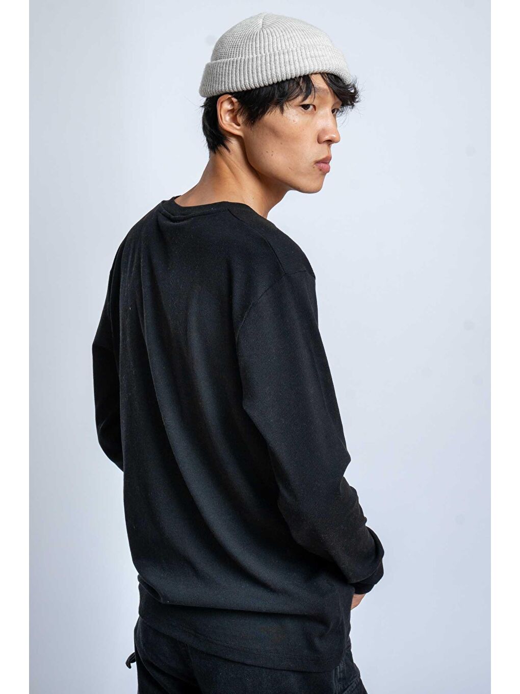 Erkek Oversize Düğmeli Basic Uzun Kollu T-Shirt Siyah-4
