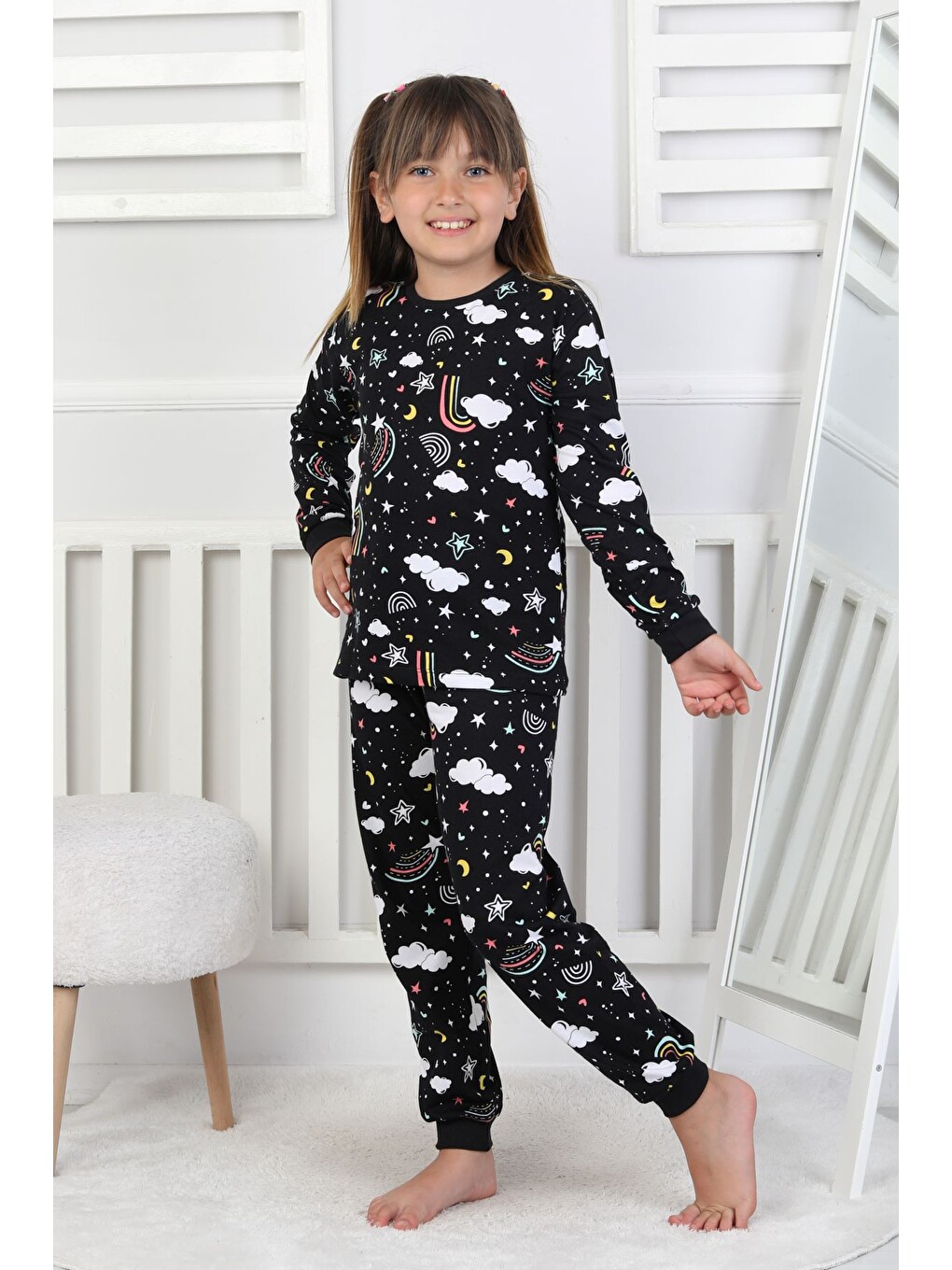Siyah Cute Dreams Pattern Uzun Kollu Kız Çocuk Pijama Takımı-1