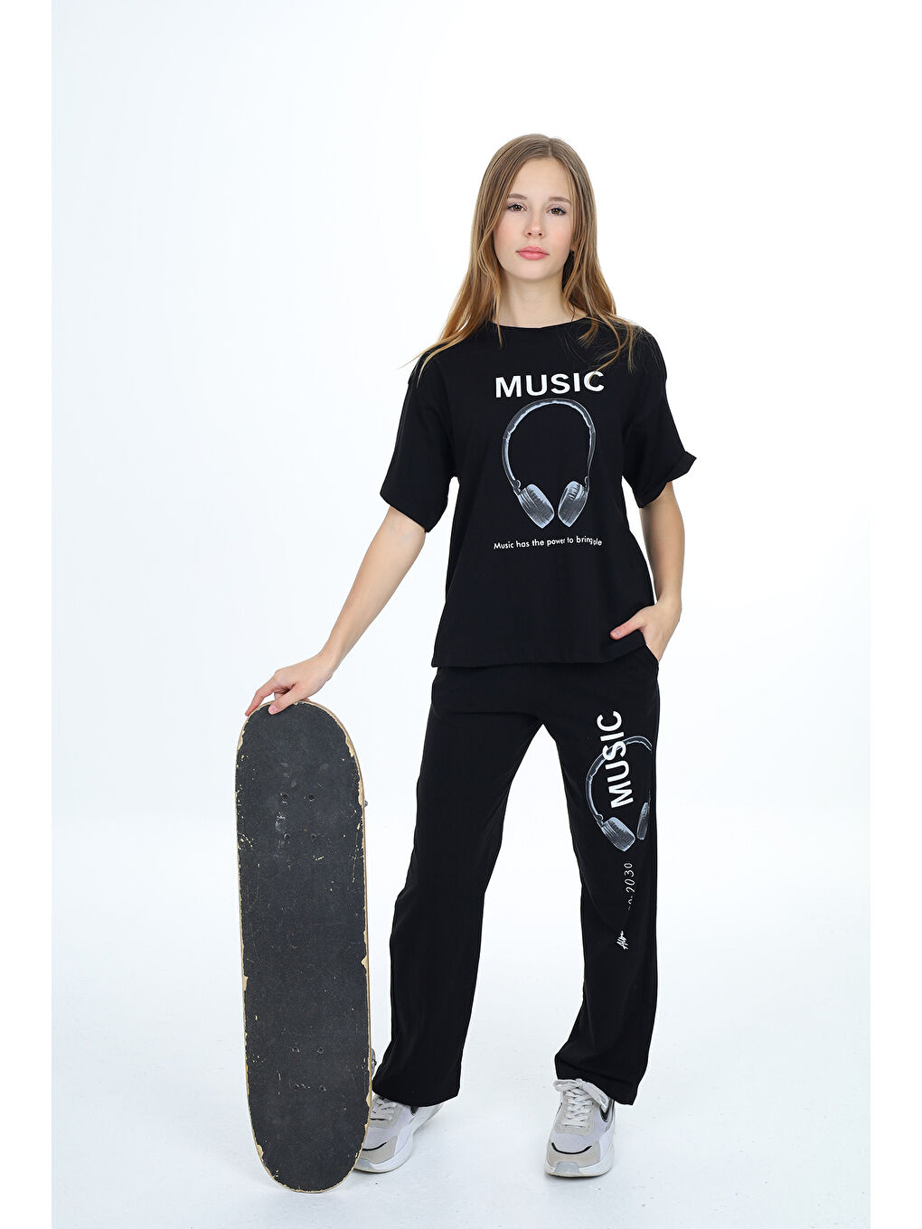 Siyah Kız Çocuk Music Baskılı Alt-Üst 2'li Takım 12148-1