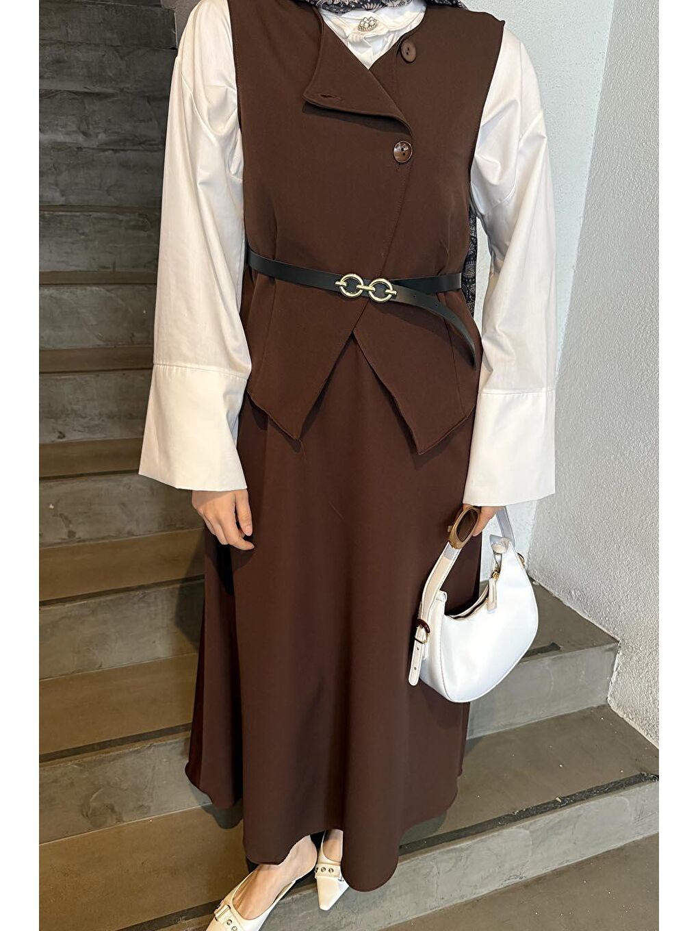 Düğmeli Etek-Yelek Tesettür İkili Takım Acı Kahverengi-2