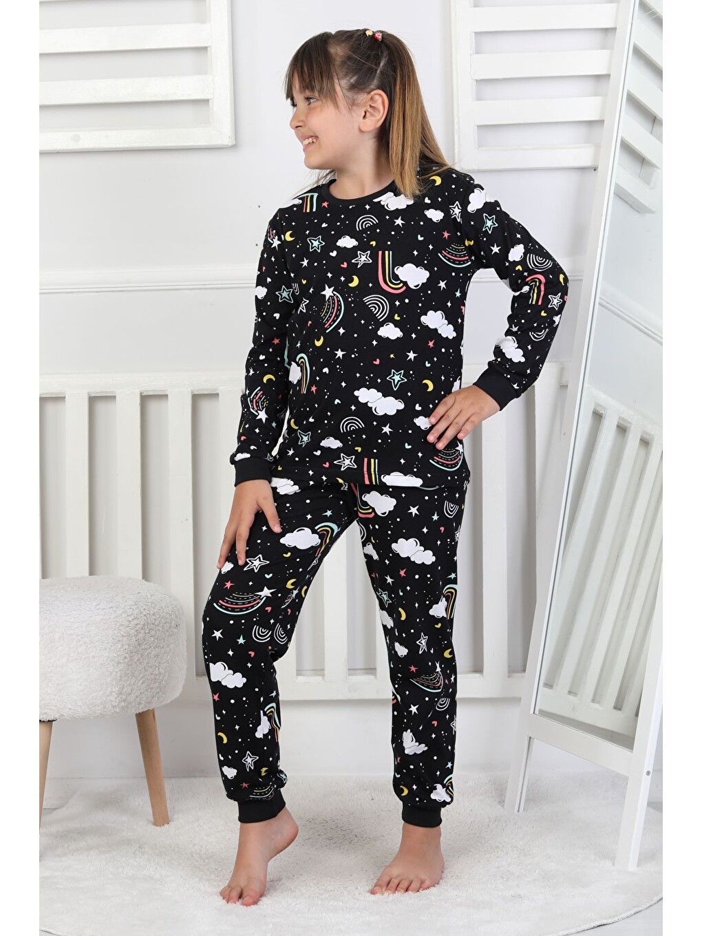 Siyah Cute Dreams Pattern Uzun Kollu Kız Çocuk Pijama Takımı-2