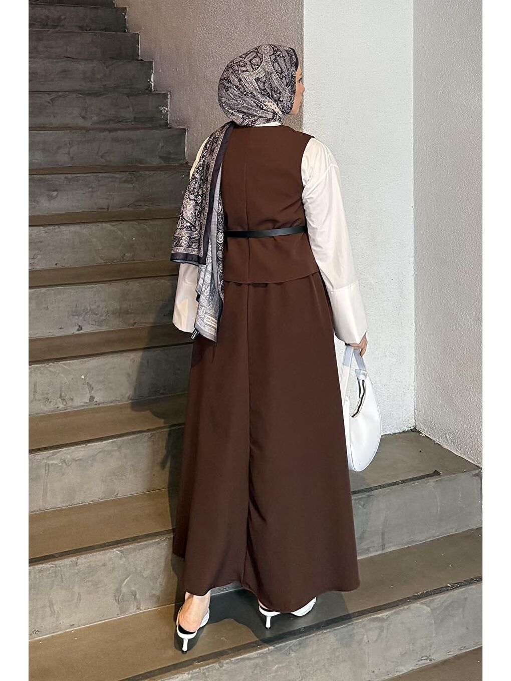 Düğmeli Etek-Yelek Tesettür İkili Takım Acı Kahverengi-3