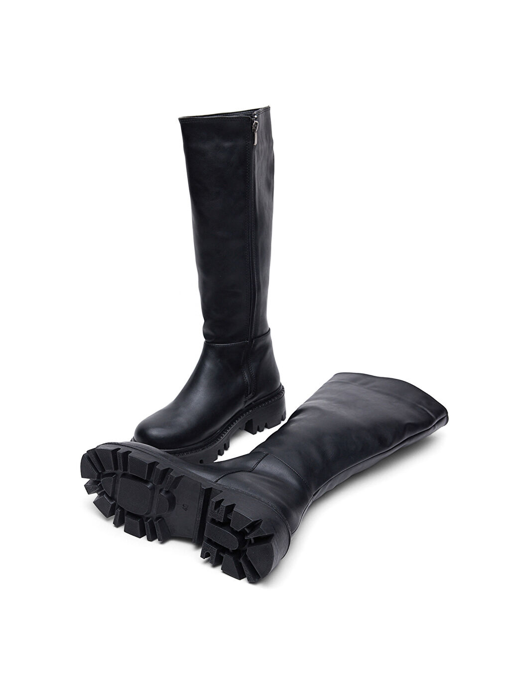 Kadın Siyah Cilt Rahat Kalıp Yüksek Taban Fermuarlı Çizme-4