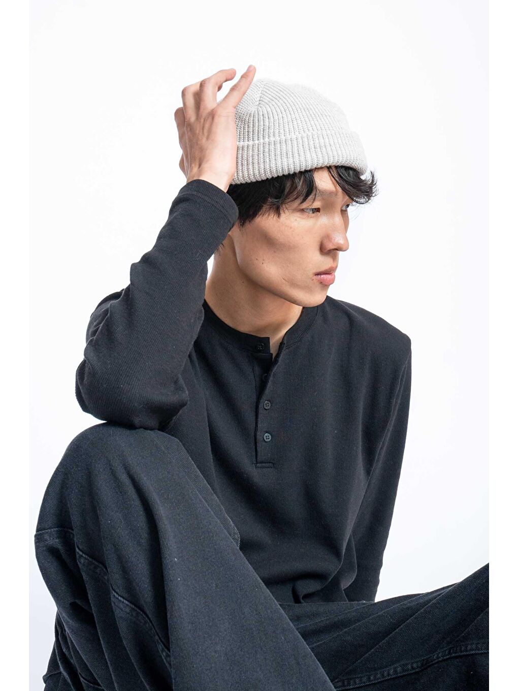 Erkek Oversize Düğmeli Basic Uzun Kollu T-Shirt Siyah-5