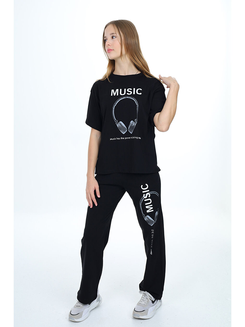 Siyah Kız Çocuk Music Baskılı Alt-Üst 2'li Takım 12148-2