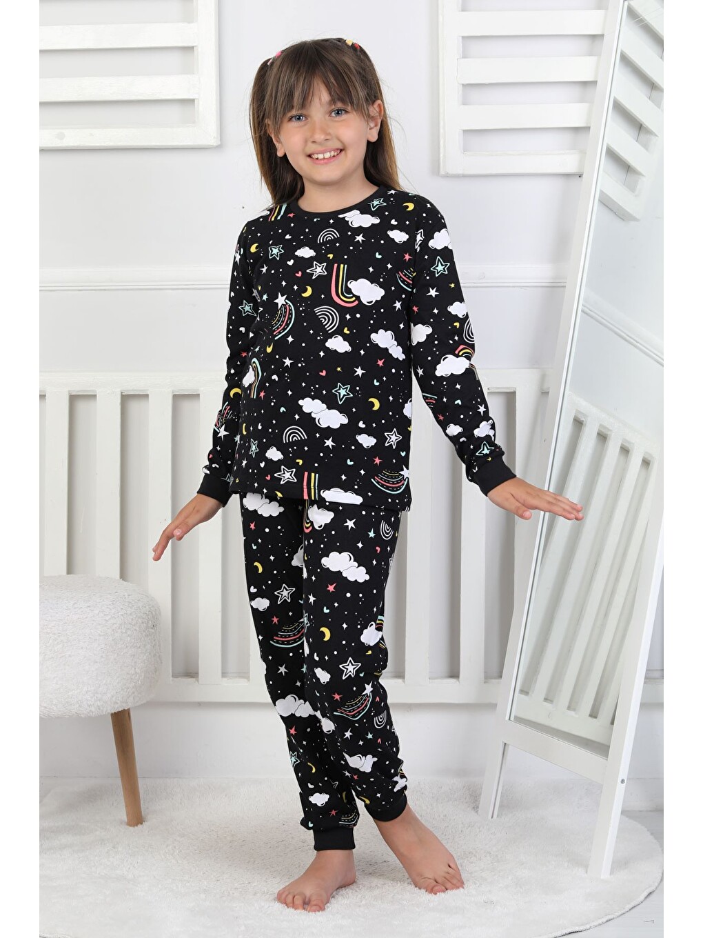 Siyah Cute Dreams Pattern Uzun Kollu Kız Çocuk Pijama Takımı-3