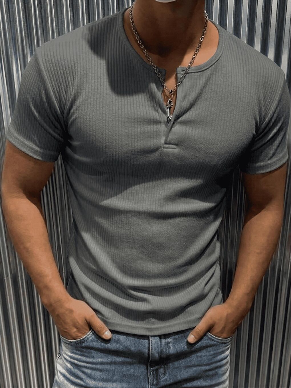 Antrasit San Loe Erkek Slim Fit Elastanlı Henley Yaka Kısa Kollu Tişört - Düğmeli Esnek Kumaş-1