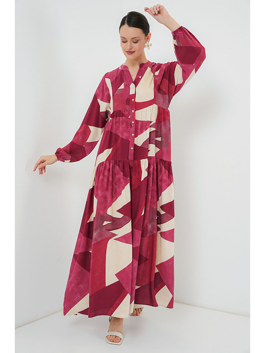 2423 Otantik Desenli Tesettür Elbise - B. Bordo