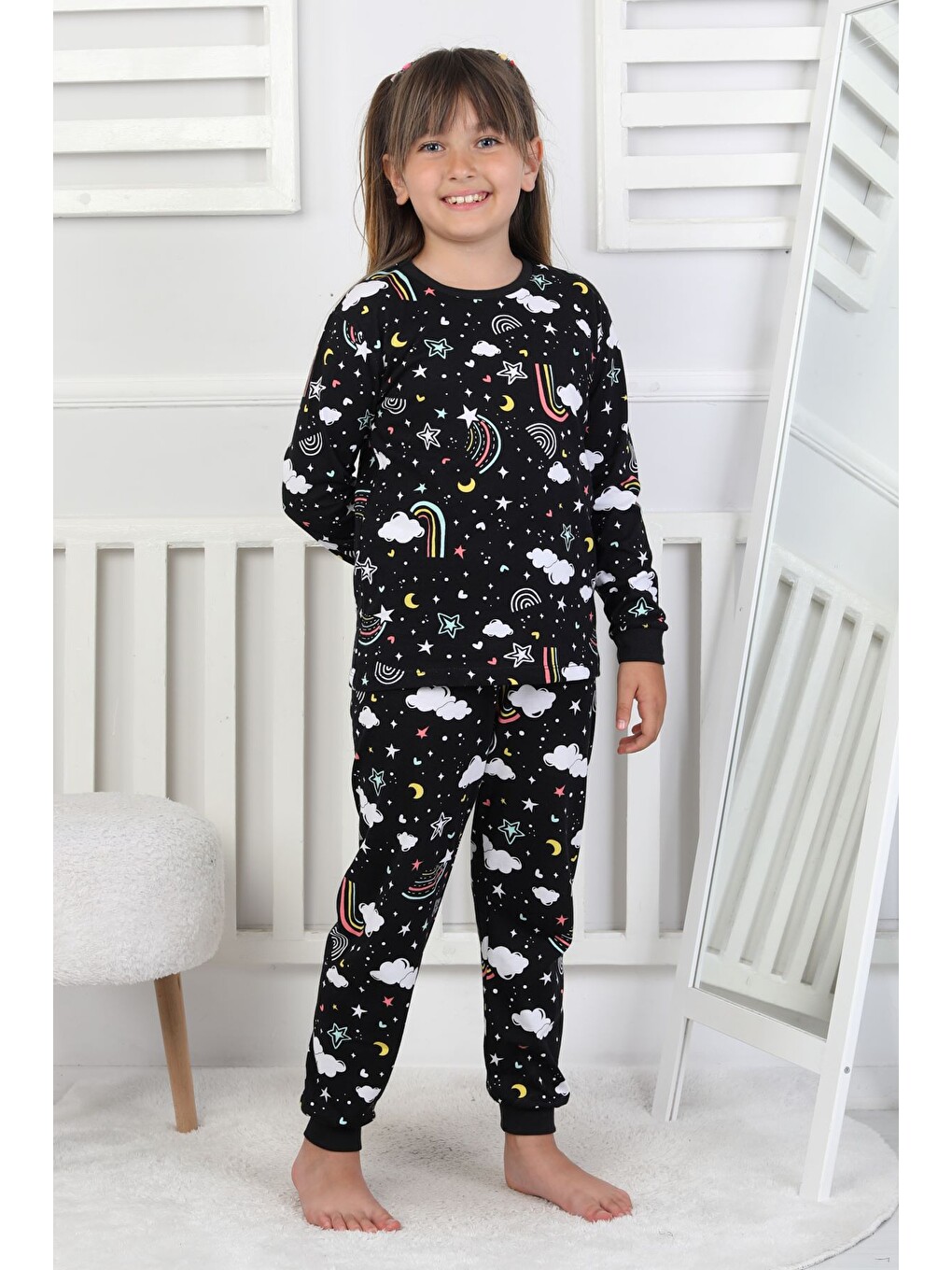 Siyah Cute Dreams Pattern Uzun Kollu Kız Çocuk Pijama Takımı-4