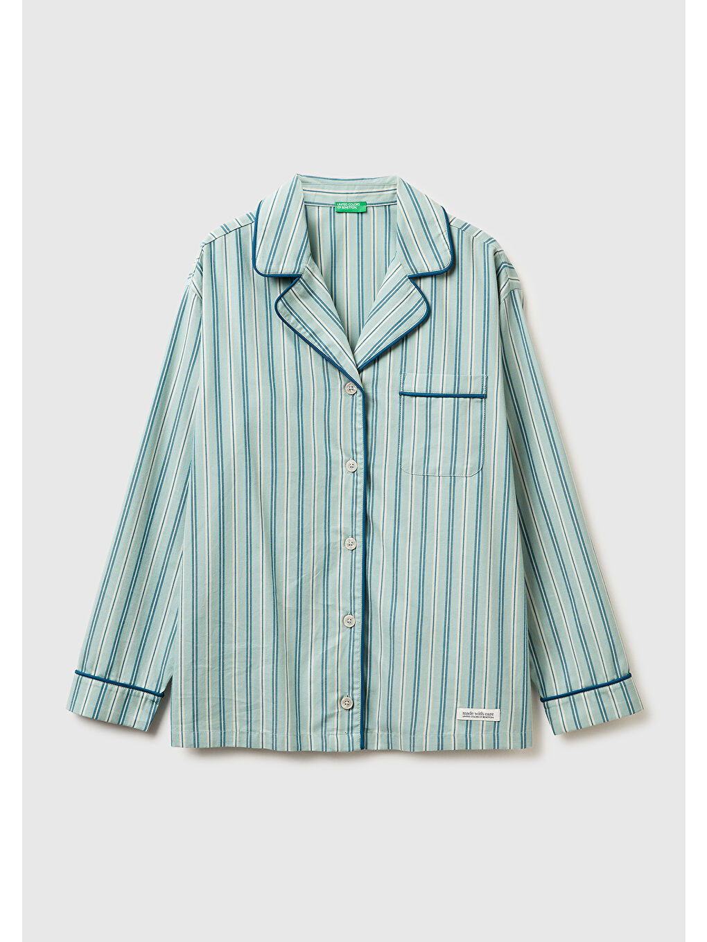 Kadın Turkuaz %100 Pamuk Kare Desenli Logolu Gömlek Yaka Pijama Üstü-1