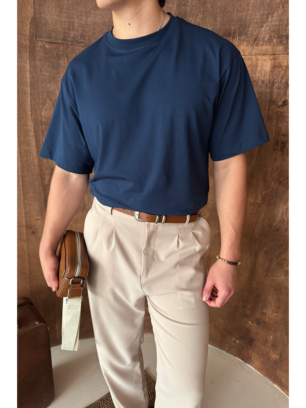 İndigo Erkek %100 Pamuk Oversize Basic T-shirt