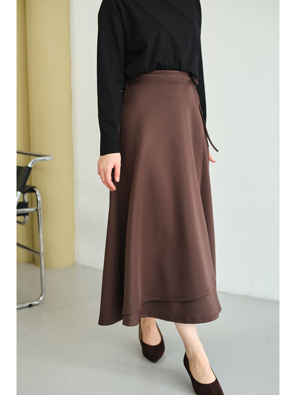 Kadın Kurdele Detay Etek Kahverengi-2
