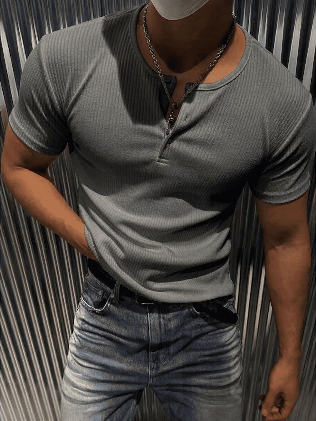 Antrasit San Loe Erkek Slim Fit Elastanlı Henley Yaka Kısa Kollu Tişört - Düğmeli Esnek Kumaş-2