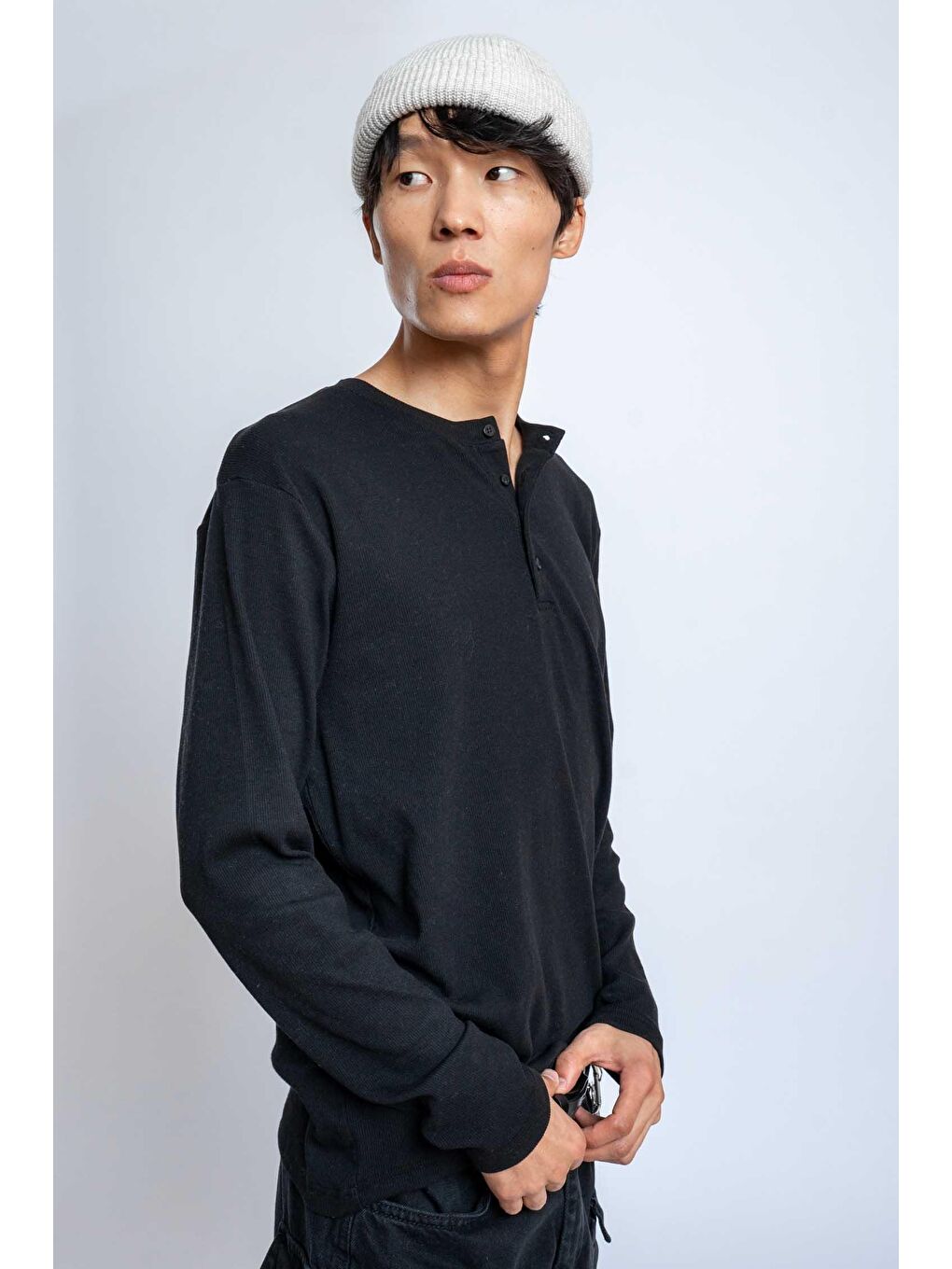 Erkek Oversize Düğmeli Basic Uzun Kollu T-Shirt Siyah-6