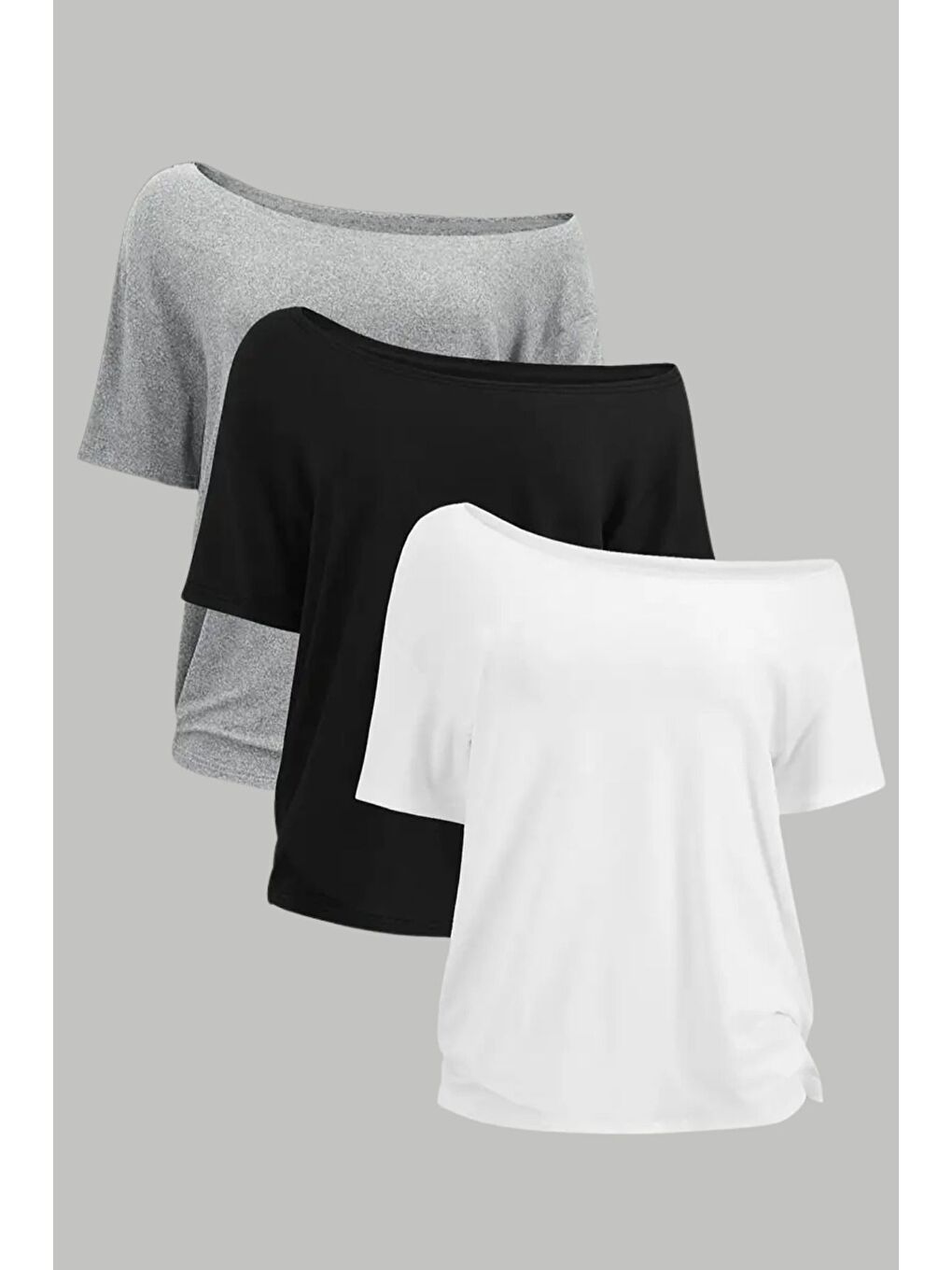 Karışık Beyaz Siyah Gri 3lü paket Kadın Düşük Omuz Kayık Yaka Oversize T-Shirt