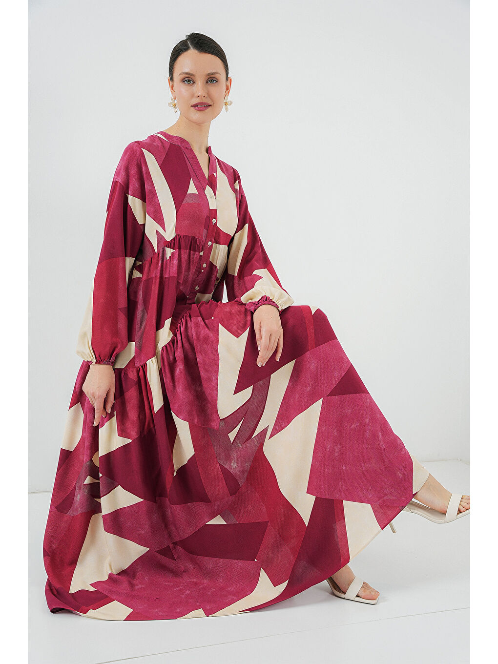 2423 Otantik Desenli Tesettür Elbise - B. Bordo-1