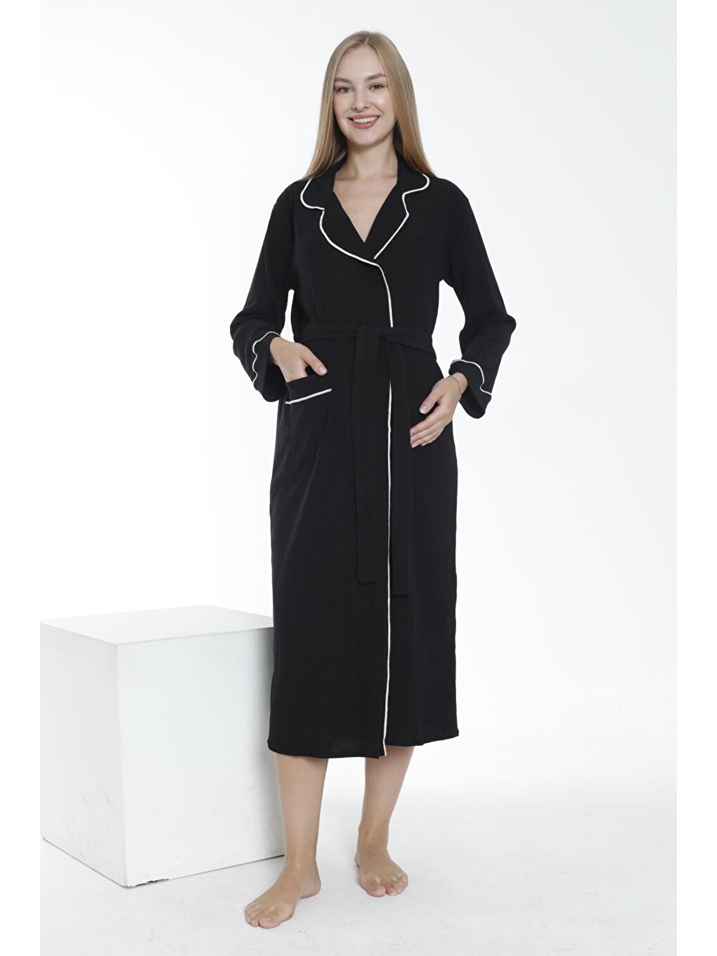 Siyah Yaka ve Kol Şerit Detaylı Uzun Hamile ve Lohusa Bürümcük Kumaş Sabahlık-1