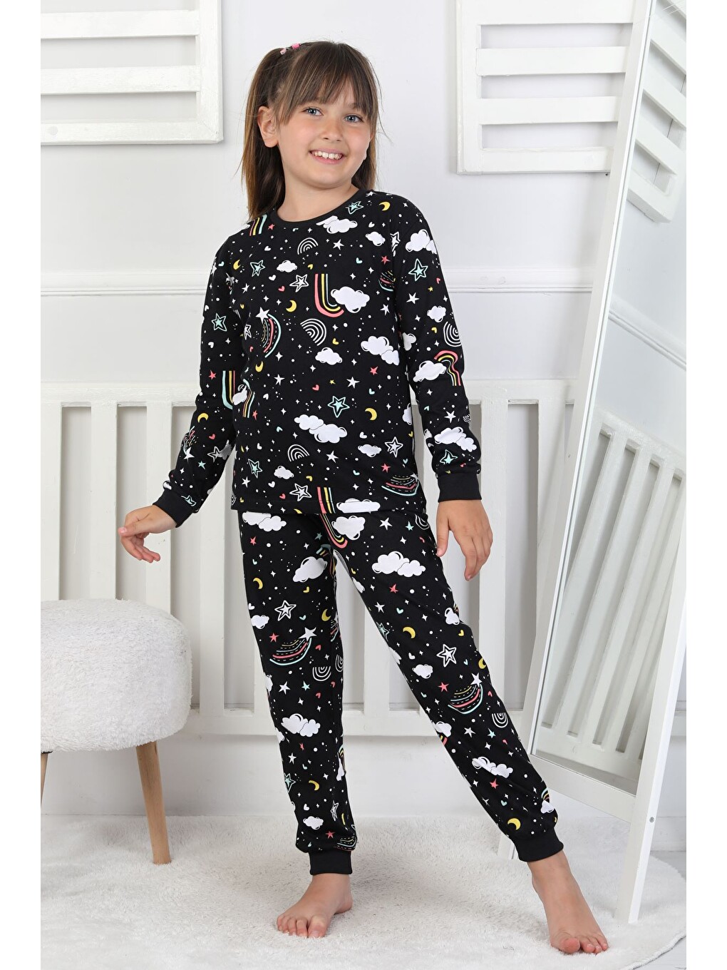 Siyah Cute Dreams Pattern Uzun Kollu Kız Çocuk Pijama Takımı-5