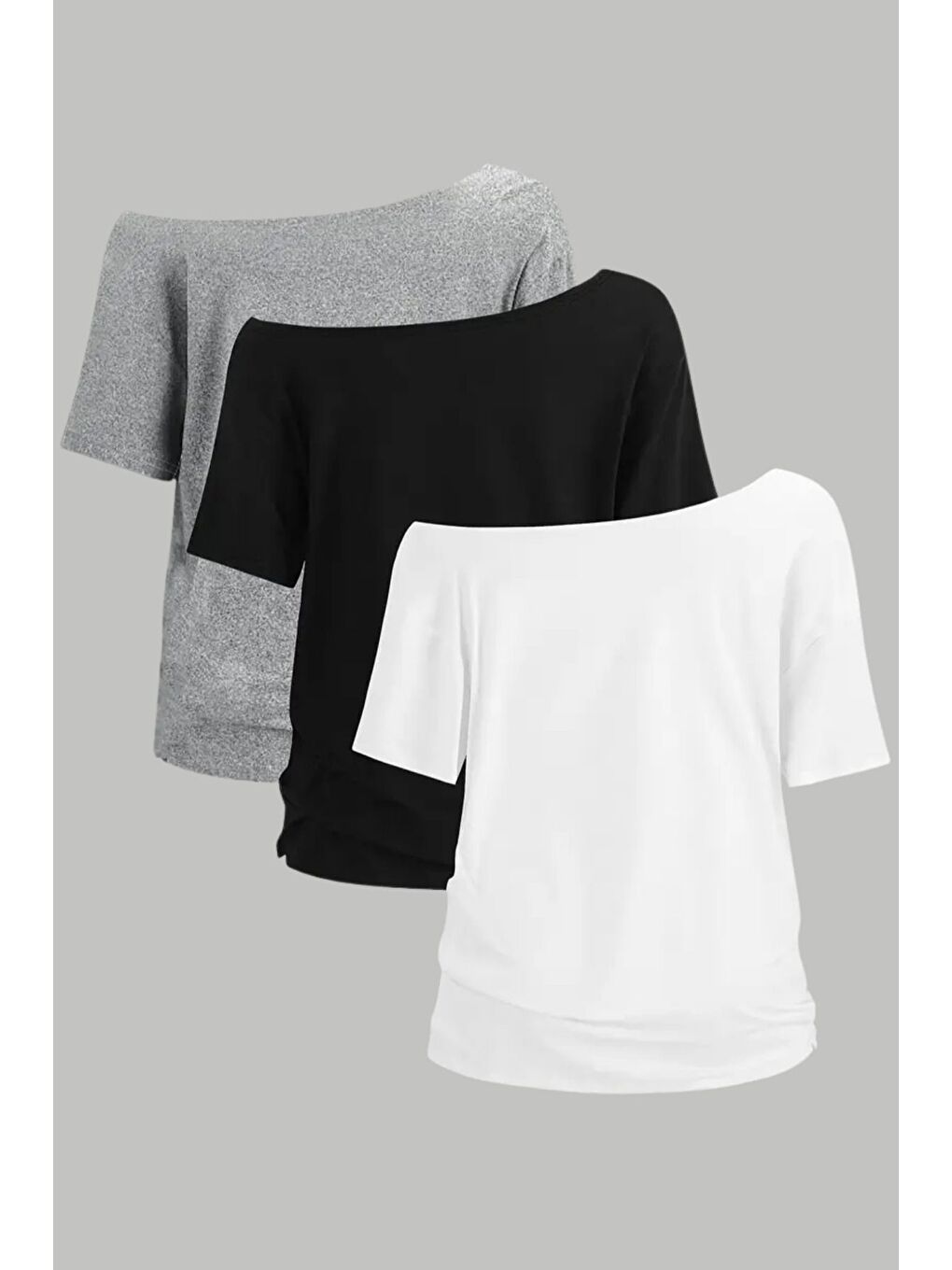 Karışık Beyaz Siyah Gri 3lü paket Kadın Düşük Omuz Kayık Yaka Oversize T-Shirt-1