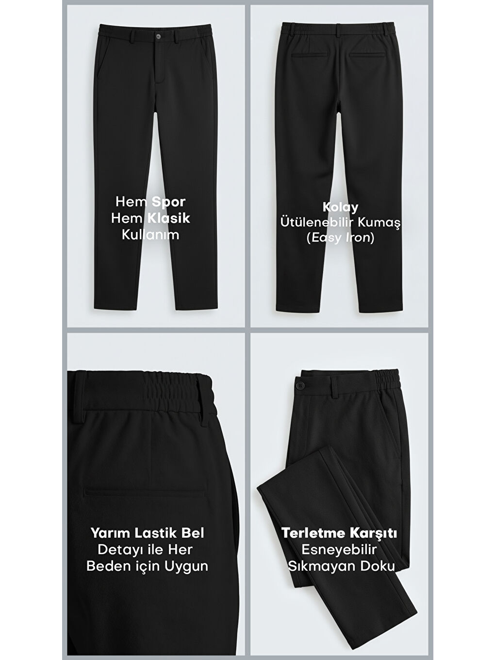 Spor Klasik Siyah Kolay Ütülenebilir Easy Iron Erkek Pantolon-6