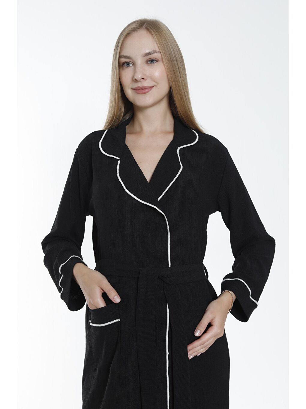 Siyah Yaka ve Kol Şerit Detaylı Uzun Hamile ve Lohusa Bürümcük Kumaş Sabahlık-3