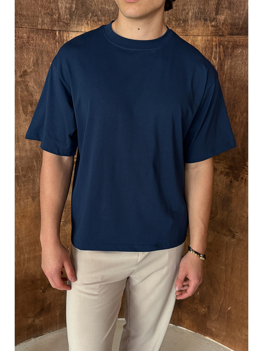İndigo Erkek %100 Pamuk Oversize Basic T-shirt-1