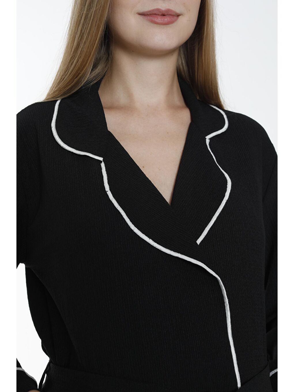 Siyah Yaka ve Kol Şerit Detaylı Uzun Hamile ve Lohusa Bürümcük Kumaş Sabahlık-4