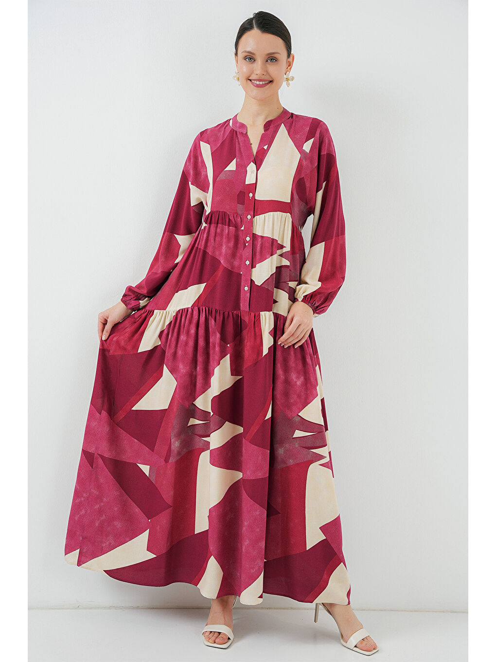 2423 Otantik Desenli Tesettür Elbise - B. Bordo-2