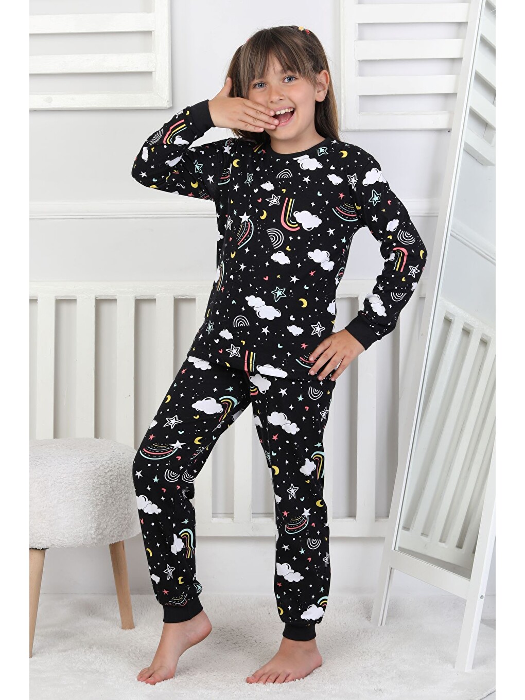 Siyah Cute Dreams Pattern Uzun Kollu Kız Çocuk Pijama Takımı-6