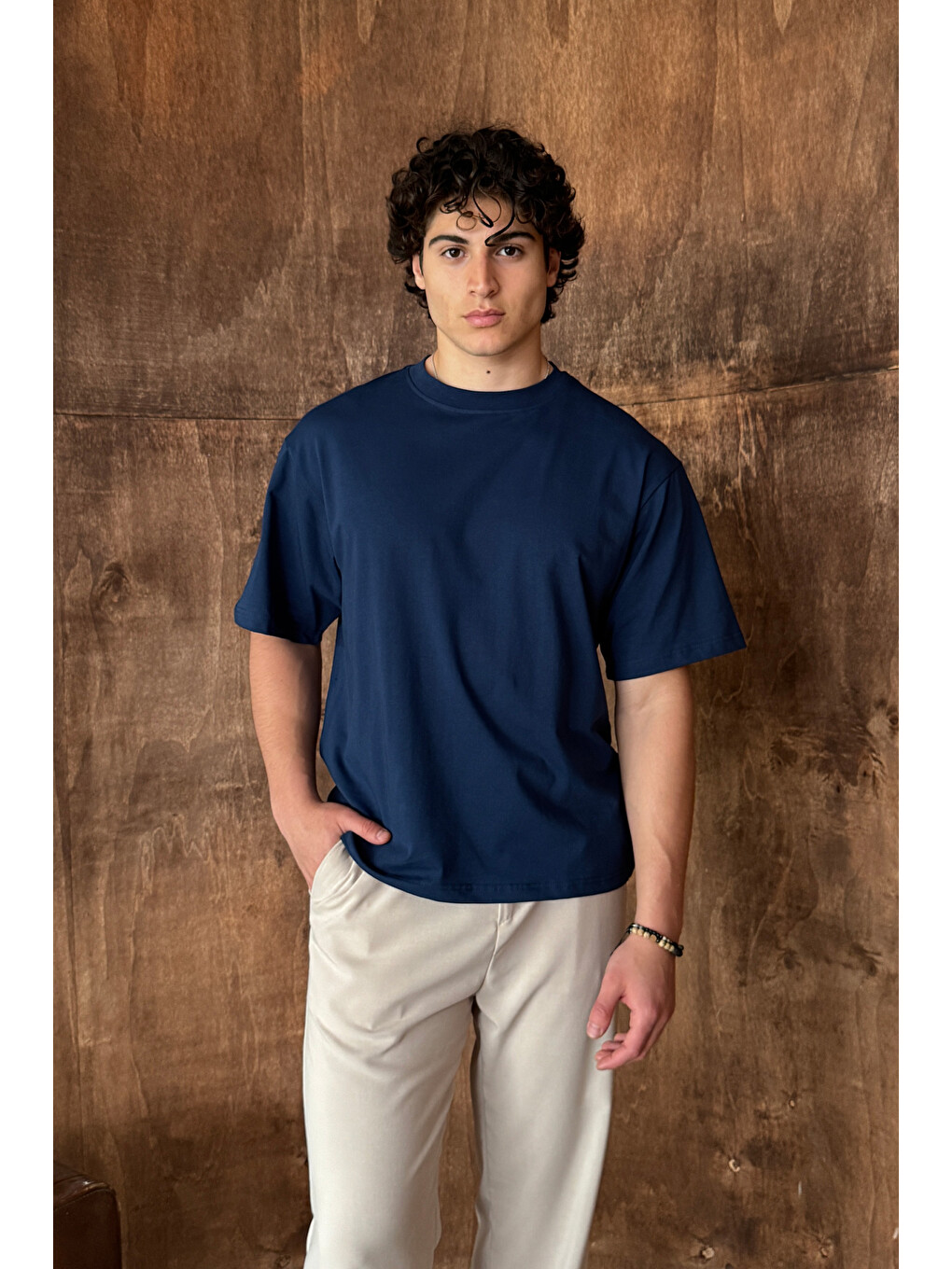 İndigo Erkek %100 Pamuk Oversize Basic T-shirt-2