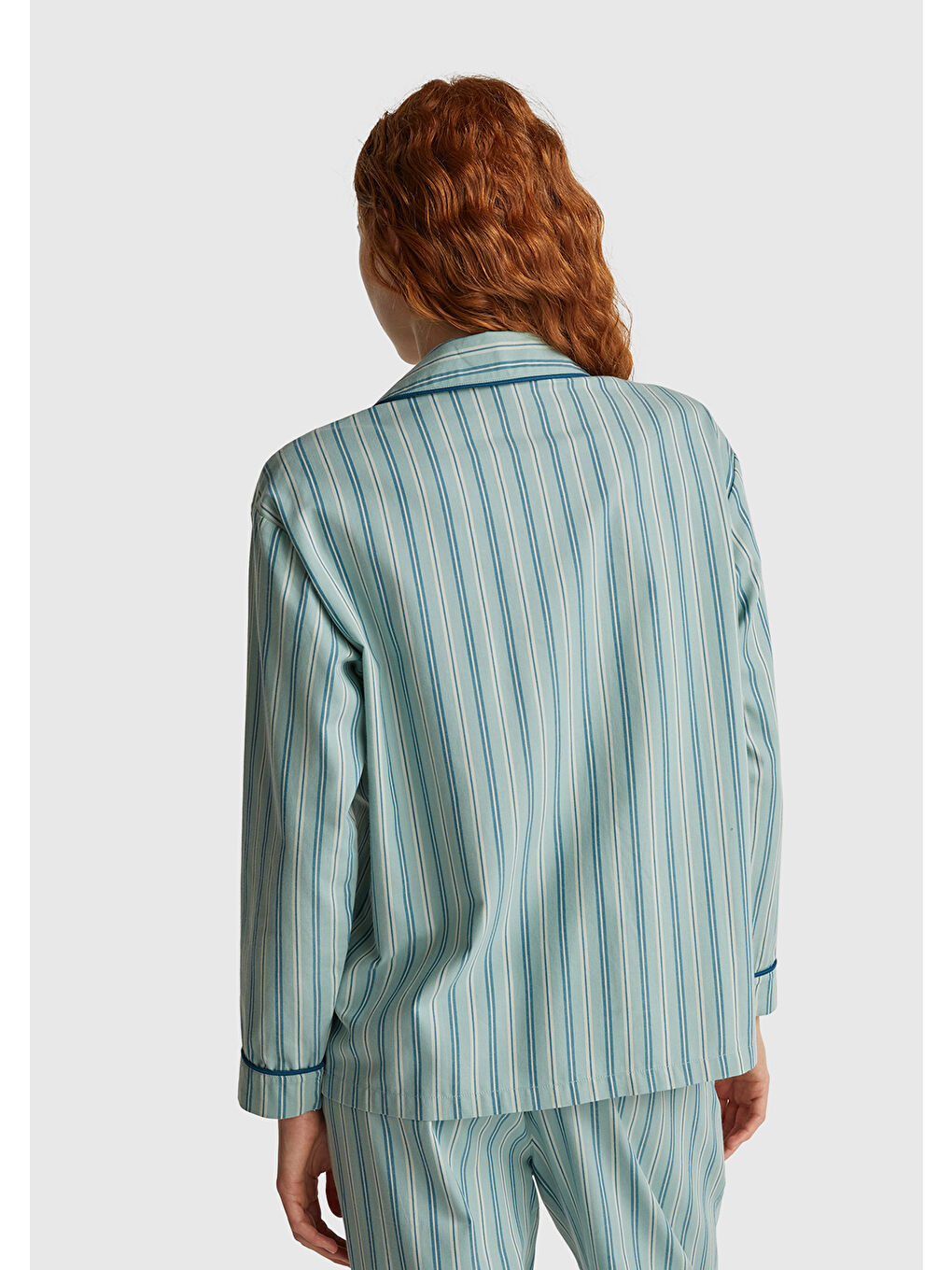 Kadın Turkuaz %100 Pamuk Kare Desenli Logolu Gömlek Yaka Pijama Üstü-2