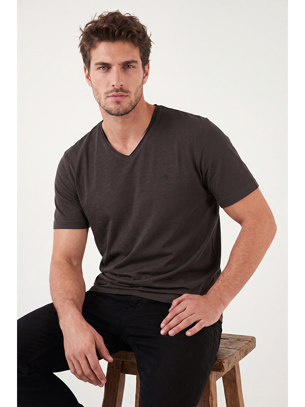 Kahverengi Pamuklu Regular Fit V Yaka T Shirt 5902719-2