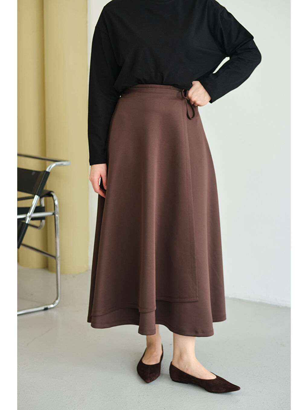 Kadın Kurdele Detay Etek Kahverengi-3