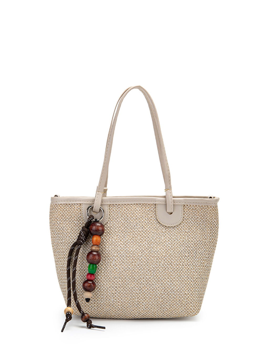 Ekru Ahşap Boncuk Detaylı Hasır Kadın Çapraz Çanta Missy Krem