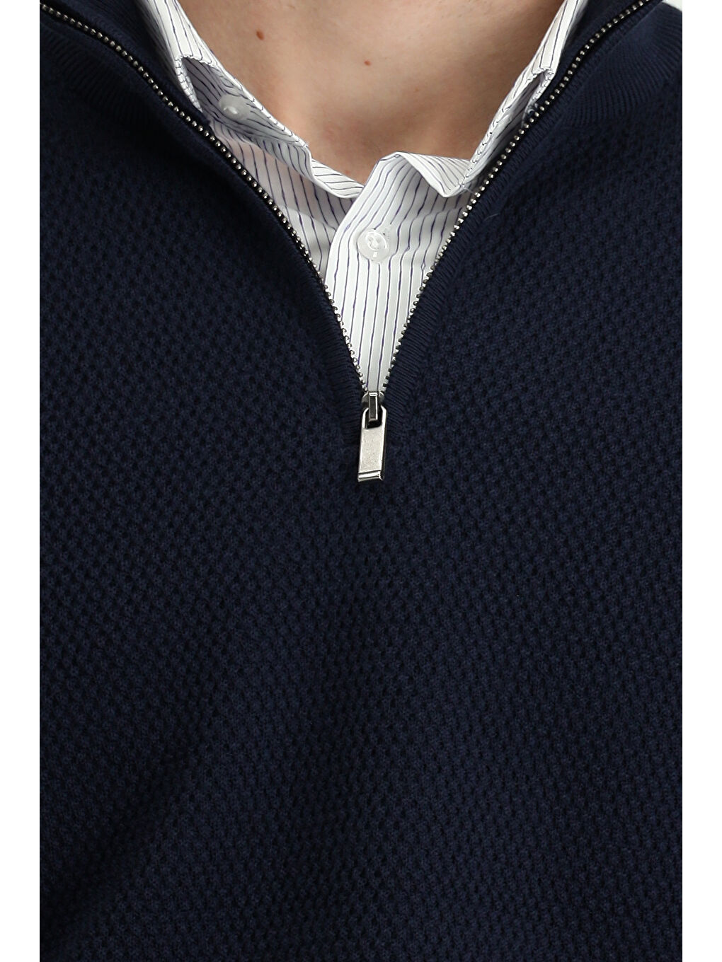 Lacivert Yarım Balıkçı Yaka Regular Fit Desenli Fermuarlı Yünlü Triko Kazak-5