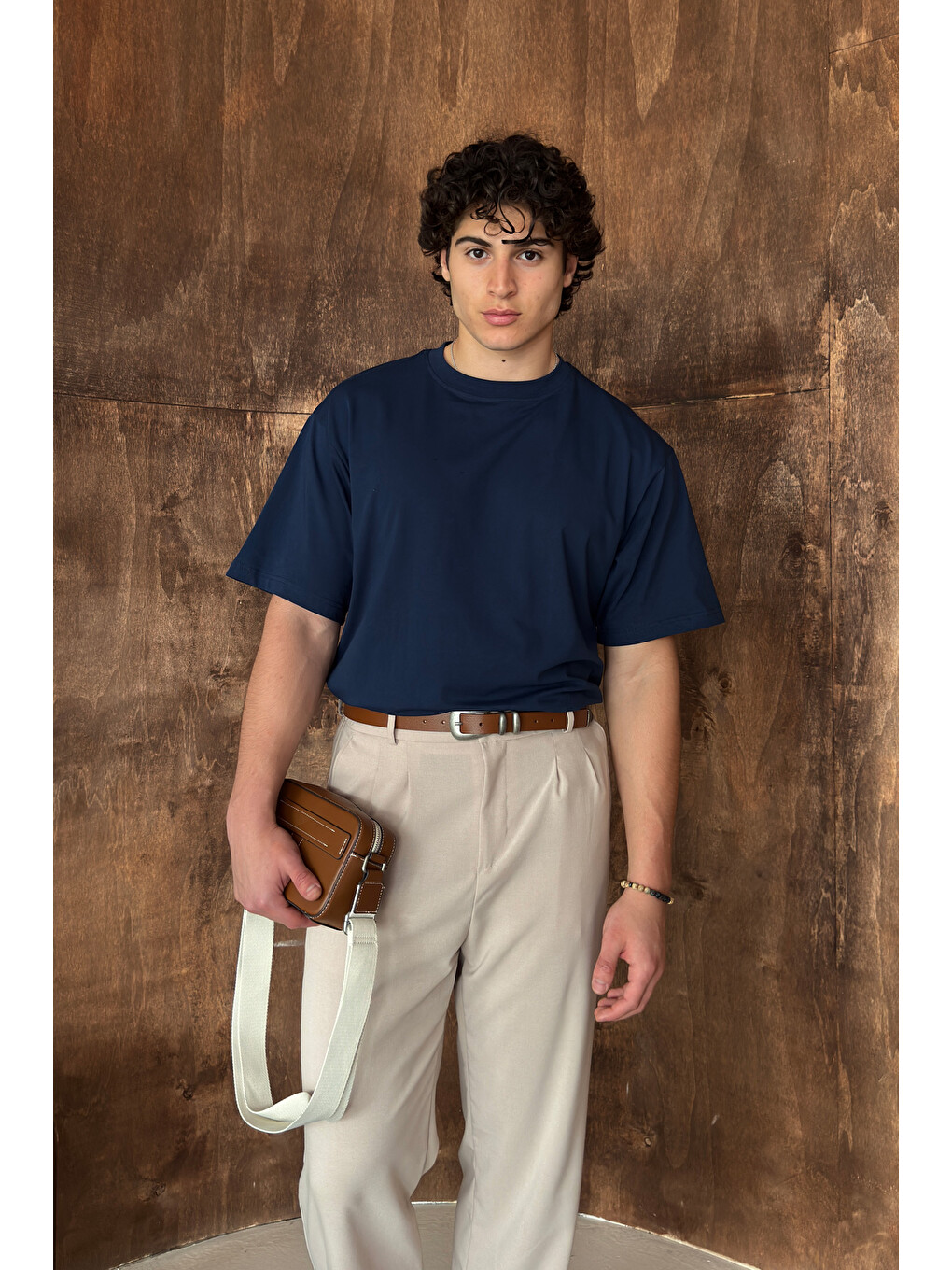 İndigo Erkek %100 Pamuk Oversize Basic T-shirt-3