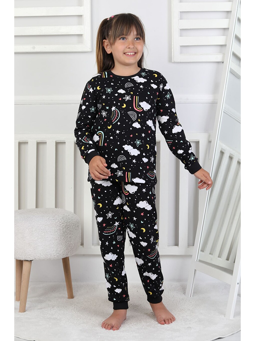 Siyah Cute Dreams Pattern Uzun Kollu Kız Çocuk Pijama Takımı-7