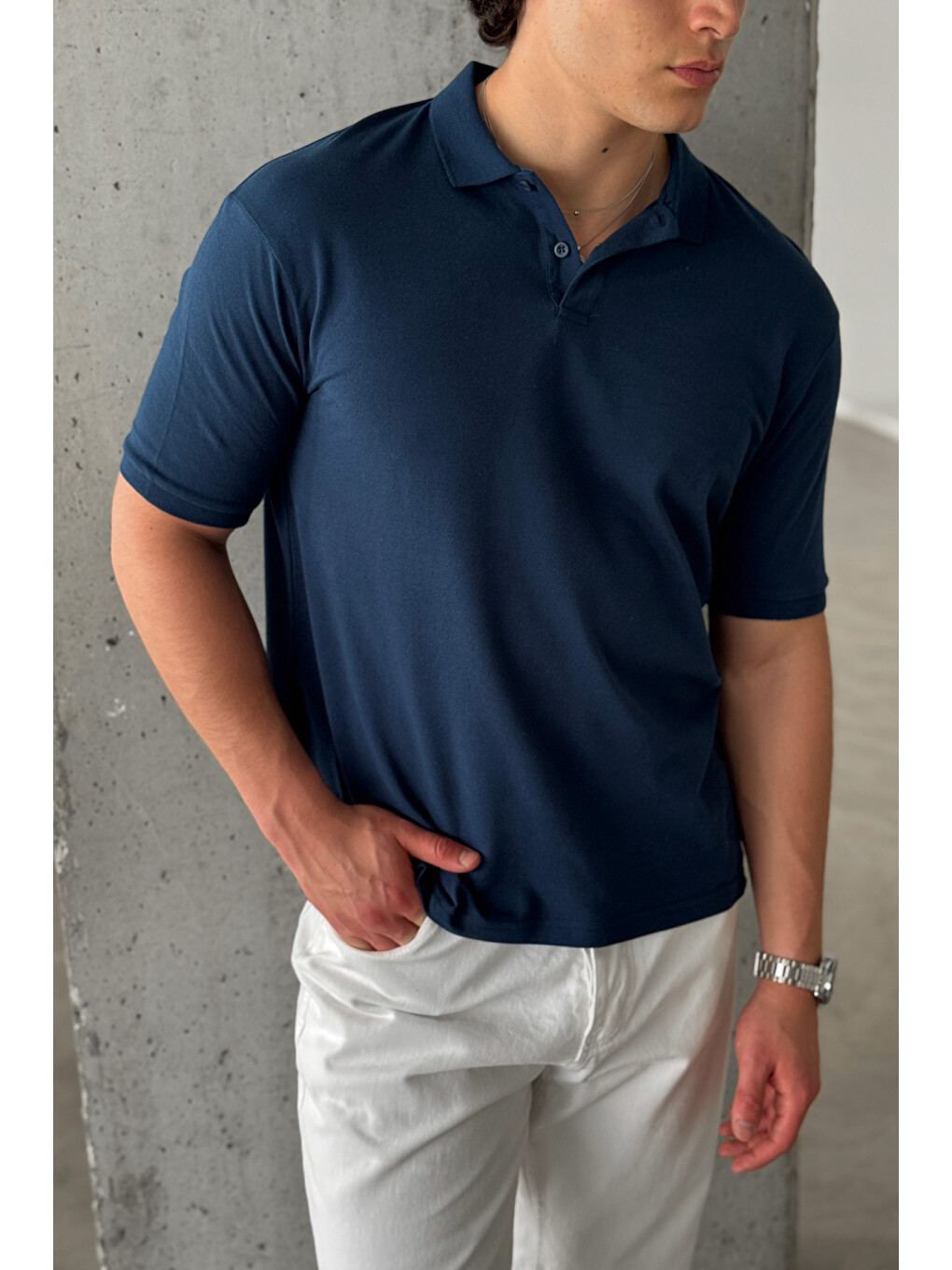 Lacivert Erkek %100 Pamuk Düğmeli Polo Yaka T-Shirt-1