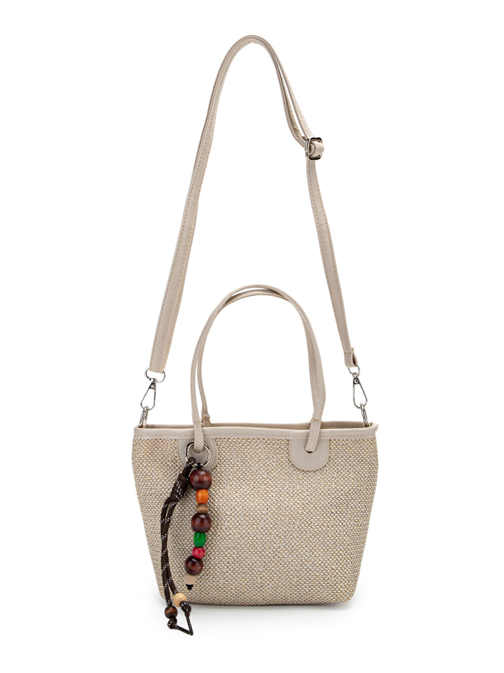 Ekru Ahşap Boncuk Detaylı Hasır Kadın Çapraz Çanta Missy Krem-1