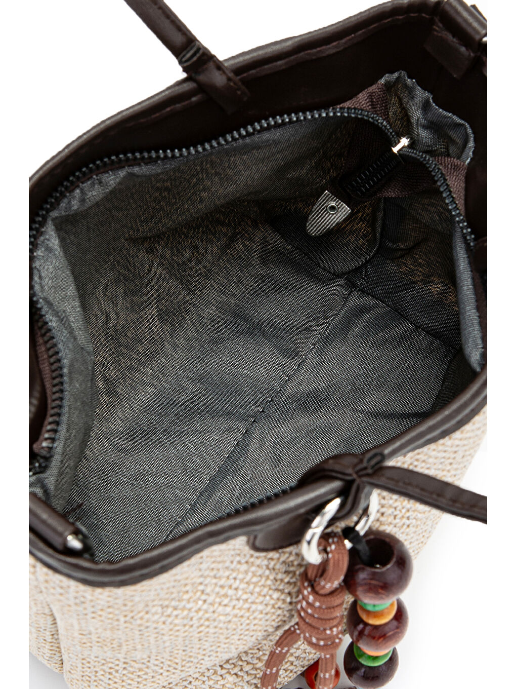 Ahşap Boncuk Detaylı Hasır Kadın Çapraz Çanta Missy Kahverengi-5