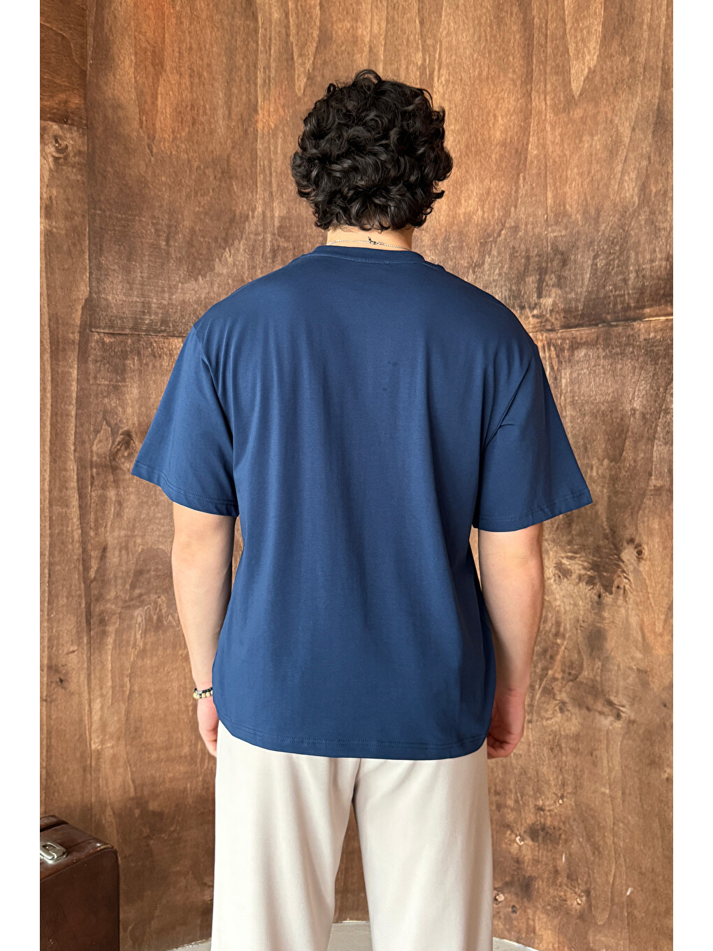 İndigo Erkek %100 Pamuk Oversize Basic T-shirt-4