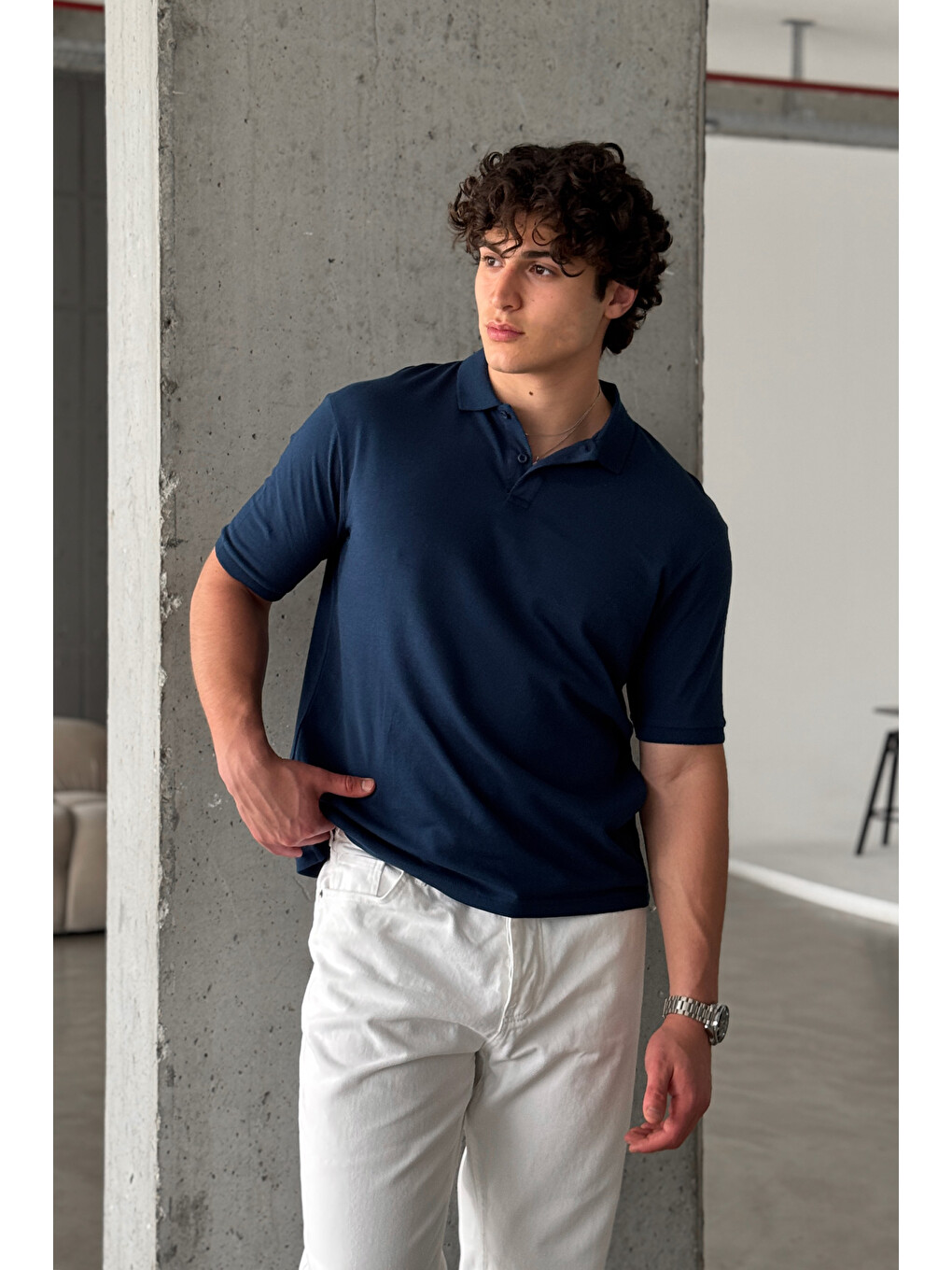 Lacivert Erkek %100 Pamuk Düğmeli Polo Yaka T-Shirt-2
