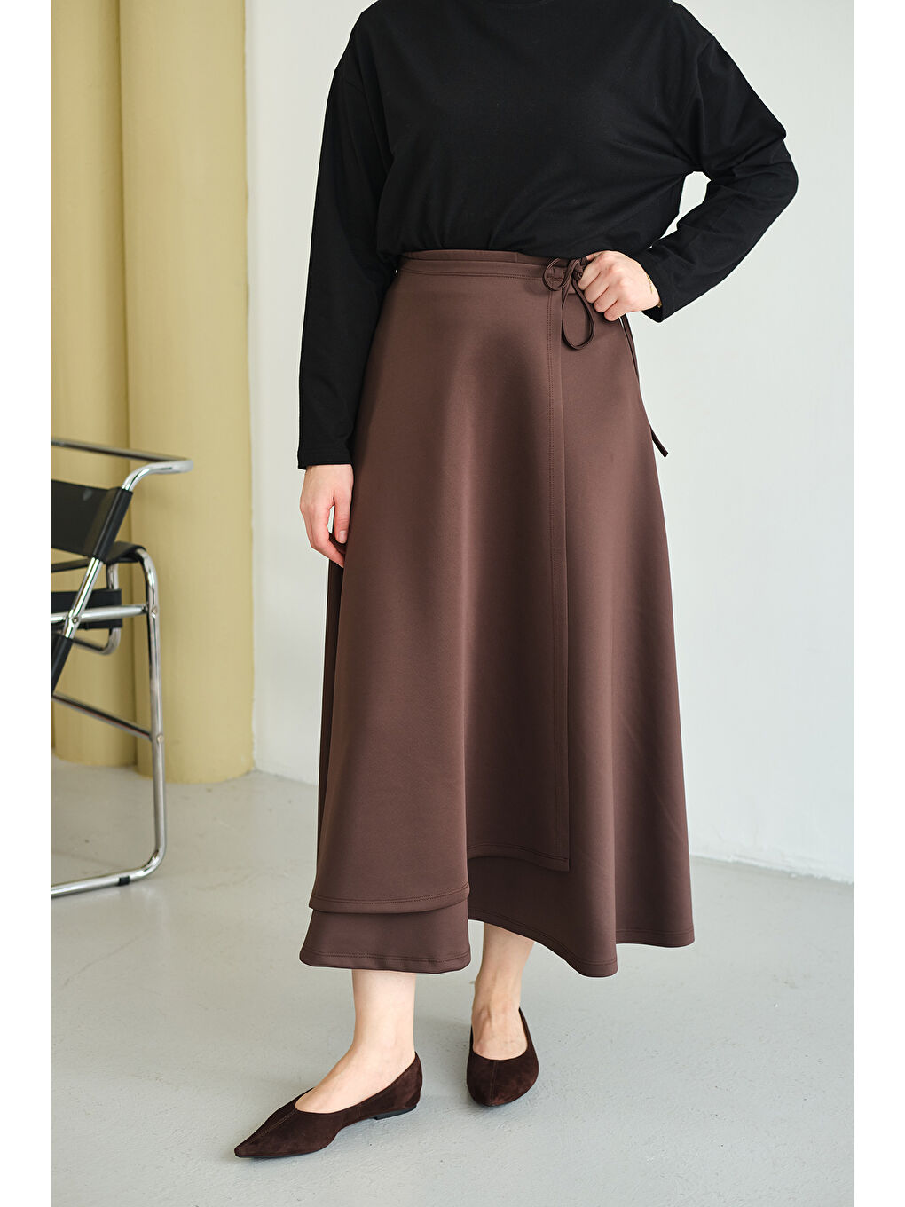 Kadın Kurdele Detay Etek Kahverengi-4