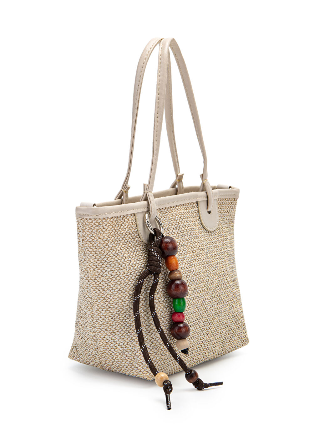 Ekru Ahşap Boncuk Detaylı Hasır Kadın Çapraz Çanta Missy Krem-2